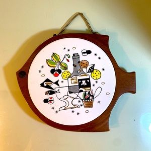 Vintage MCM fish shaped trivet. Wooden/ ceramic. Made in Japan.